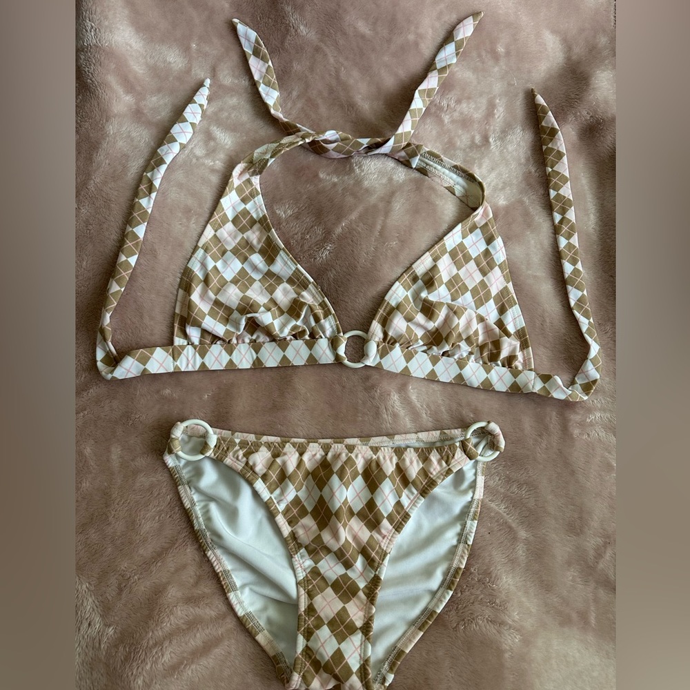 Shoshanna Beige White Argyle Ring-Accent Bikini Size Small